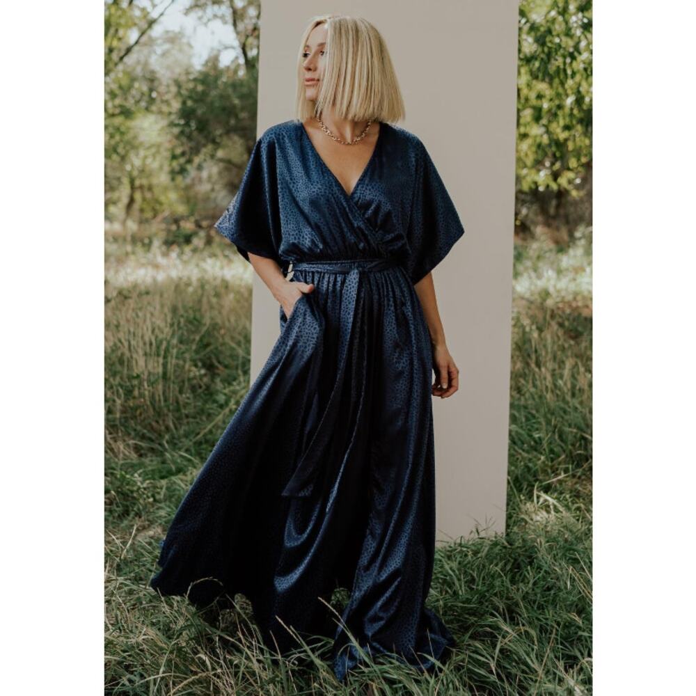 Baltic Born Savannah Print Kimono Maxi Dress Leopard Navy Blue Large